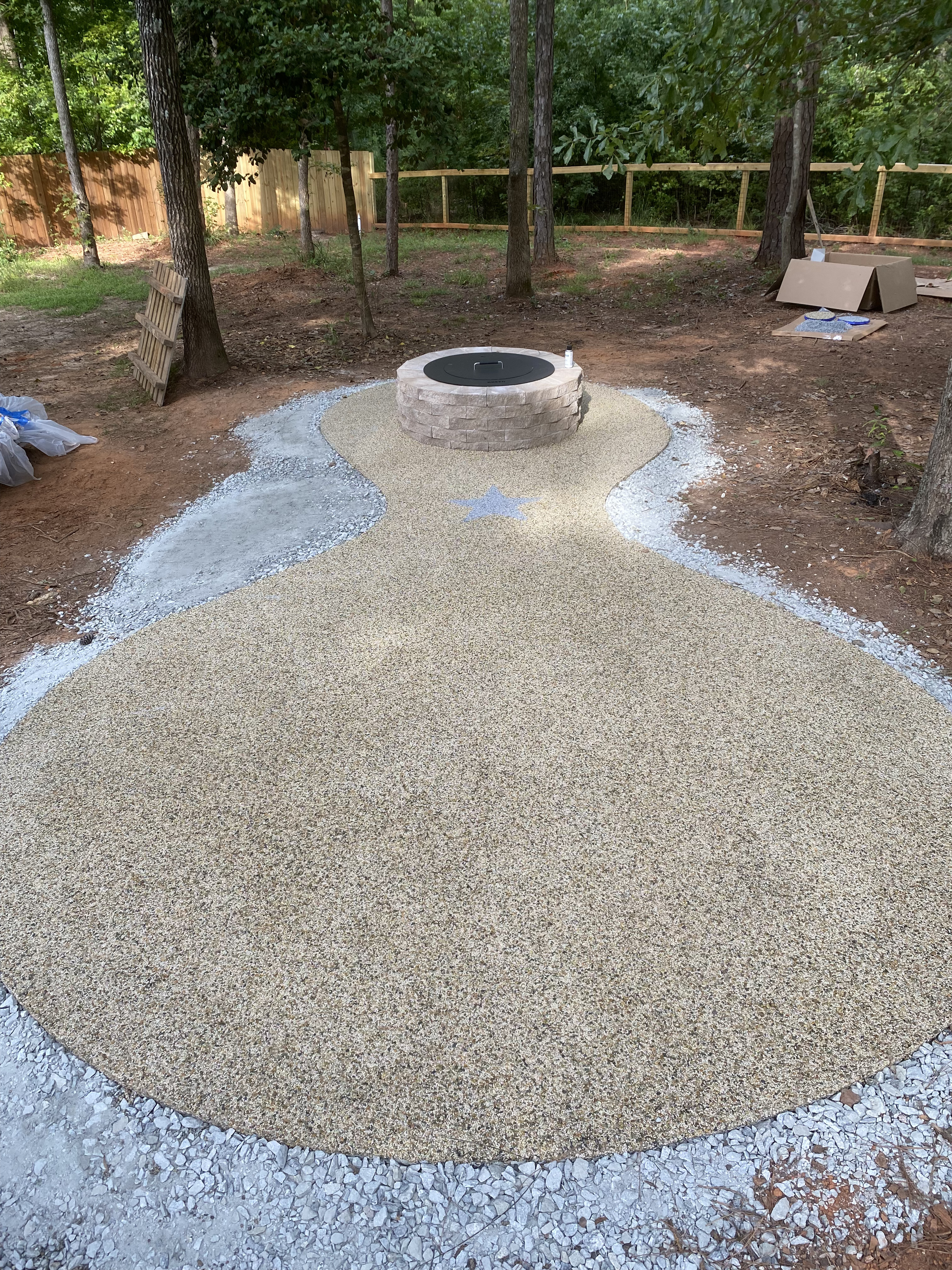 Custom resin rock surface surrounding stone fire pit